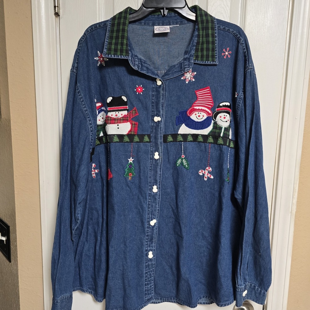 Carolina Blues Denim Christmas Button‎ Shirt Womens 26W